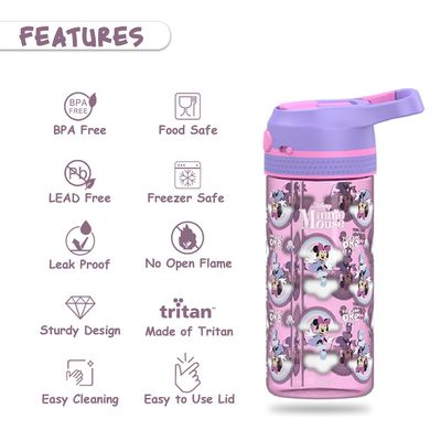 Disney Minnie Mouse Tritan Water Bottle w/ Lockable Push button and Carry Handle - Purple Pink (420ml)
