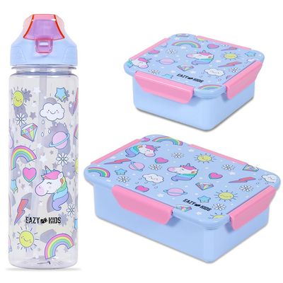 Eazy Kids Lunch Box Set and Tritan Water Bottle w/ 2in1 drinking Flip lid and Sipper Unicorn-Blue