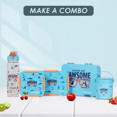 Eazy Kids Lunch Box Set and Tritan Water Bottle w / 2in1 drinking Flip lid and Sipper Jawsome - Blue