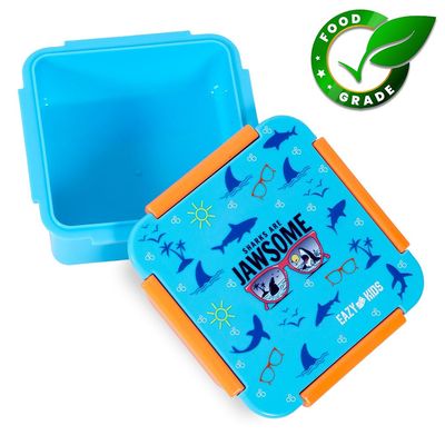 Eazy Kids Lunch Box Set and Tritan Water Bottle w / 2in1 drinking Flip lid and Sipper Jawsome - Blue