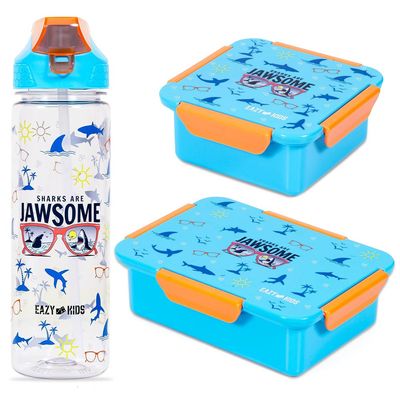 Eazy Kids Lunch Box Set and Tritan Water Bottle w/ 2in1 drinking Flip lid and Sipper Jawsome-Blue