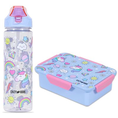 Eazy Kids Lunch Box and Tritan Water Bottle w/ 2in1 drinking Flip lid and Sipper Unicorn-Blue