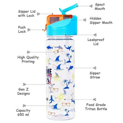 Eazy Kids Lunch Box and Tritan Water Bottle w / 2in1 drinking Flip lid and Sipper Jawsome - Blue