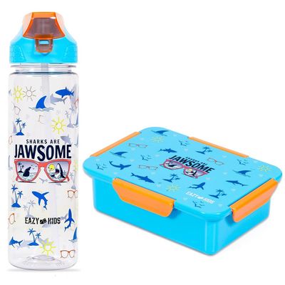 Eazy Kids Lunch Box and Tritan Water Bottle w / 2in1 drinking Flip lid and Sipper Jawsome - Blue