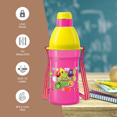 Milton Kool Joy Plastic Insulated Water Bottle with Straw for Kids, 400 ml, Pink