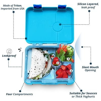 Eazy Kids 4 Compartment Bento Lunch Box - Dino Blue