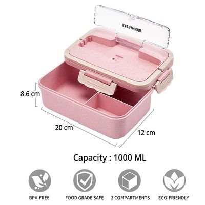 Eazy Kids Wheat Straw Leakproof Eco - Friendly Bento Lunch Box - Pink (1500ml)