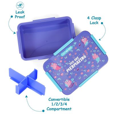 Eazy Kids 1/2/3/4 Compartment Convertible Bento Lunch Box Mermaid - Purple 850ml