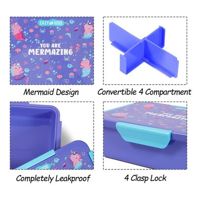 Eazy Kids 1/2/3/4 Compartment Convertible Bento Lunch Box Mermaid - Purple 850ml