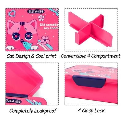 Eazy Kids 1 / 2 / 3 / 4 Compartment Convertible Bento Lunch Box Cat - Pink 850ml