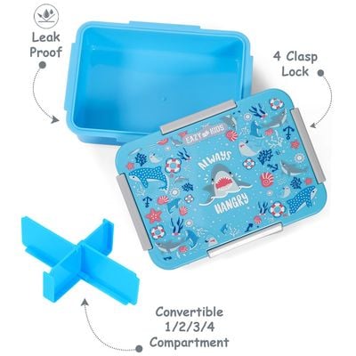 Eazy Kids 1 / 2 / 3 / 4 Compartment Convertible Bento Lunch Box Shark - Blue 850ml