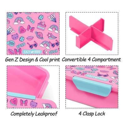 Eazy Kids 1 / 2 / 3 / 4 Compartment Convertible Bento Lunch Box Gen Z - Pink 850ml