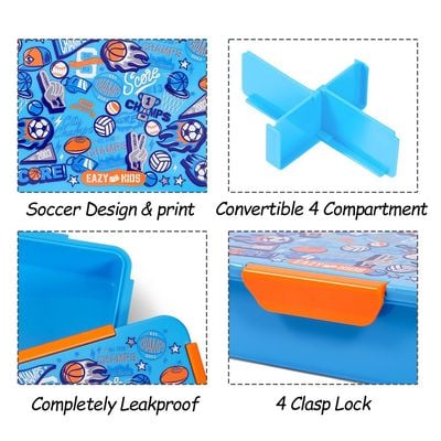 Eazy Kids 1 / 2 / 3 / 4 Compartment Convertible Bento Lunch Box Soccer - Blue 850ml