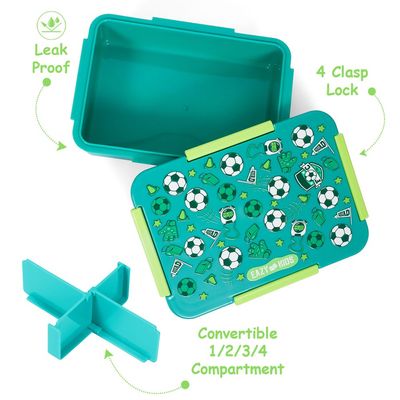 Eazy Kids 1 / 2 / 3 / 4 Compartment Convertible Bento Lunch Box Soccer - Green 850ml