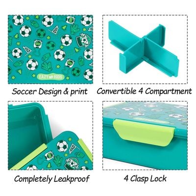 Eazy Kids 1 / 2 / 3 / 4 Compartment Convertible Bento Lunch Box Soccer - Green 850ml