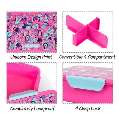 Eazy Kids 1 / 2 / 3 / 4 Compartment Convertible Bento Lunch Box Unicorn - Pink 850ml