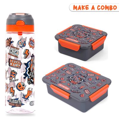 Eazy Kids Lunch Box and Tritan Water Bottle w / Spray, Dinosaur - Grey, 750ml