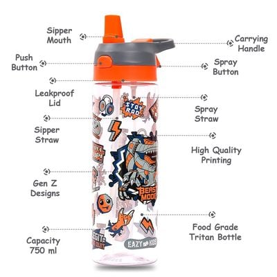 Eazy Kids Lunch Box and Tritan Water Bottle w / Spray, Dinosaur - Grey, 750ml