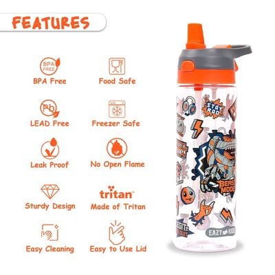 Eazy Kids Lunch Box and Tritan Water Bottle w / Spray, Dinosaur - Grey, 750ml