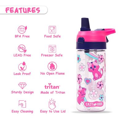 Eazy Kids Lunch Box Set and Tritan Water Bottle w / Spray, Cat - Pink, 420ml