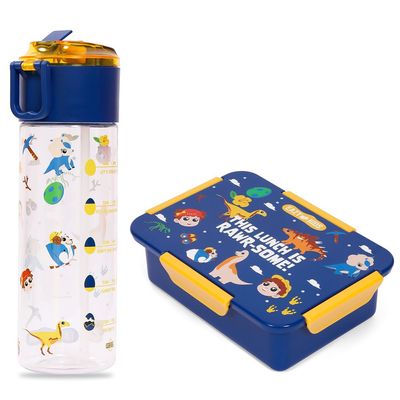 Eazy Kids Lunch Box and Tritan Water Bottle w/ Snack Box, T-Rex- Blue, 450ml