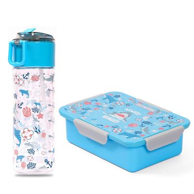 Eazy Kids Lunch Box and Tritan Water Bottle w / Snack Box, Shark - Blue, 450ml