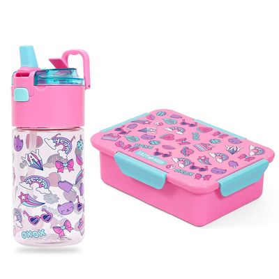 Eazy Kids Lunch Box Set and Tritan Water Bottle w/ Snack Box, Gen Z - Pink, 450ml