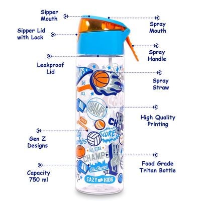 Eazy Kids Lunch Box and Tritan Water Bottle w / Spray, Soccer - Blue, 750ml