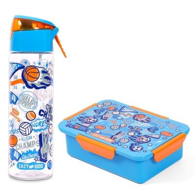 Eazy Kids Lunch Box and Tritan Water Bottle w / Spray, Soccer - Blue, 750ml