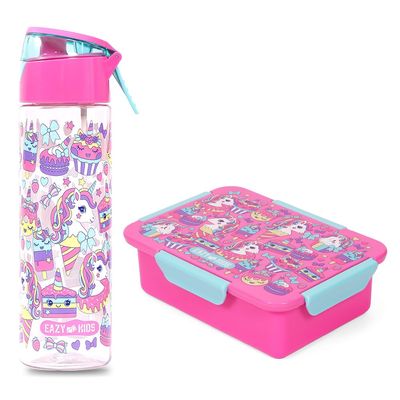 Eazy Kids Lunch Box and Tritan Water Bottle w/ Spray, Unicorn Desert - Pink, 750ml