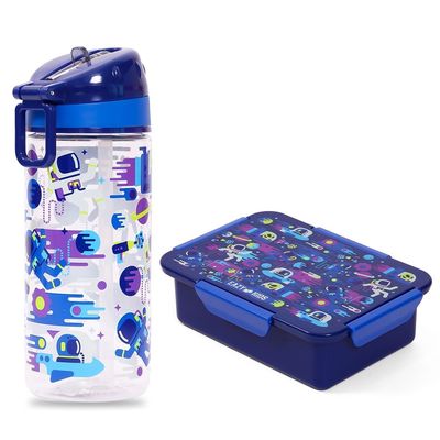 Eazy Kids Lunch Box and Tritan Water Bottle w / Carry handle, Astronauts - Blue, 420ml