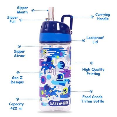 Eazy Kids Lunch Box and Tritan Water Bottle w / Carry handle, Astronauts - Blue, 420ml