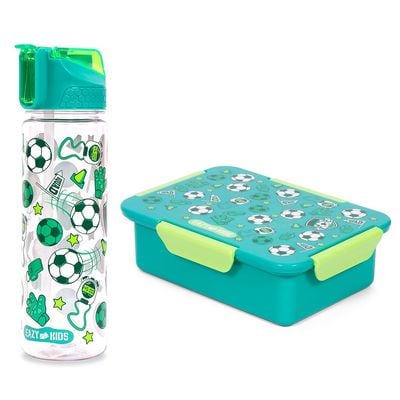 Eazy Kids Lunch Box Set and Tritan Water Bottle w / 2in1 drinking, Flip lid and Sipper, Soccer - Green, 650ml