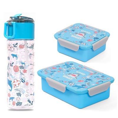 Eazy Kids Lunch Box Set and Tritan Water Bottle w / Snack Box, Shark - Blue, 450ml