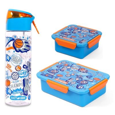 Eazy Kids Lunch Box Set and Tritan Water Bottle w / Spray, Soccer - Blue, 750ml