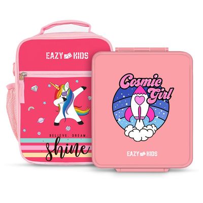 Eazy Kids Jumbo Bento Lunch Box w / t Insulated Jar - Cosmic Girl Pink