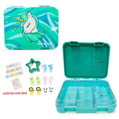 Eazy Kids 6 & 4 Convertible Bento Lunch Box wt Sandwich Cutter Set - Unicorn Green
