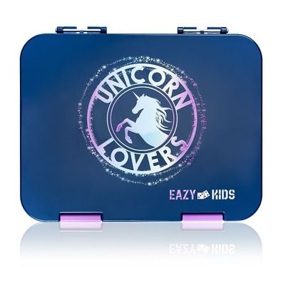 Eazy Kids 6 & 4 Convertible Bento Lunch Box wt Sandwich Cutter Set - Unicorn Lover Blue