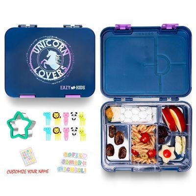 Eazy Kids 6 & 4 Convertible Bento Lunch Box wt Sandwich Cutter Set - Unicorn Lover Blue