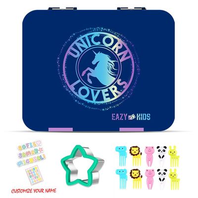 Eazy Kids 6 & 4 Convertible Bento Lunch Box wt Sandwich Cutter Set - Unicorn Lover Blue