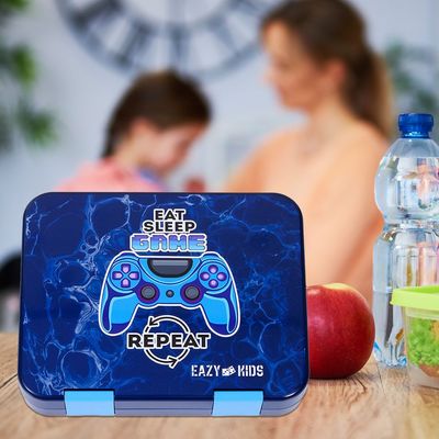 Eazy Kids 5 & 4 Convertible Bento Lunch Box wt Sandwich Cutter Set - Eat Sleep Game