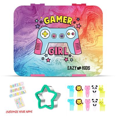 Eazy Kids 5 & 4 Convertible Bento Lunch Box wt Sandwich Cutter Set - Gamer Girl
