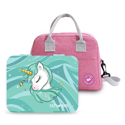 Eazy Kids Bento Box wt Insulated Lunch Bag & Cutter Set -Combo - Unicorn Green