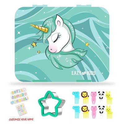 Eazy Kids Bento Box wt Insulated Lunch Bag & Cutter Set - Combo - Unicorn Green