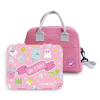 Eazy Kids Bento Box wt Insulated Lunch Bag & Cutter Set - Combo - Girl Power Pink