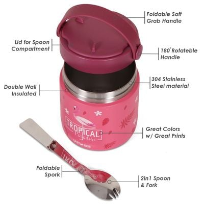 Eazy Kids Tropical Stainless Steel Insulated Food Jar - Pink (350ml)