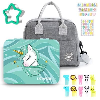 Eazy Kids Unicorn Green 6 / 4 Compartment Bento Lunch Box w / Lunch Bag - Grey