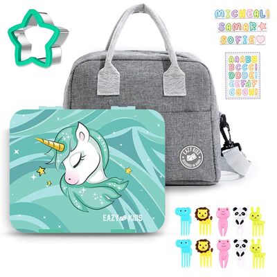 Eazy Kids Unicorn Green 6/4 Compartment Bento Lunch Box w/ Lunch Bag-Grey