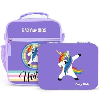 Eazy Kids Unicorn Purple 6 Compartment Bento Lunch Box w / Lunch Bag - Grey