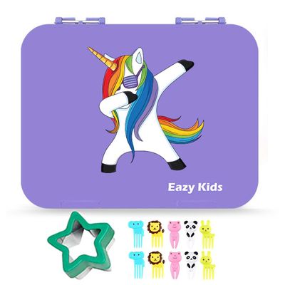 Eazy Kids Unicorn Purple 6 Compartment Bento Lunch Box w/ Lunch Bag-Grey